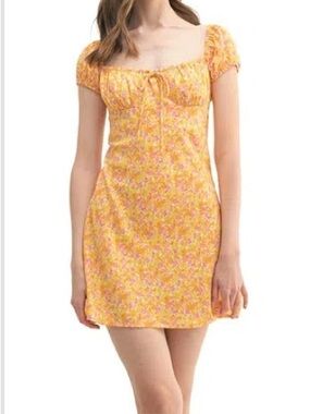 Lush Floral Puff Sleeve Mini Dress Size S | Cream Yellow Pink | VGUC